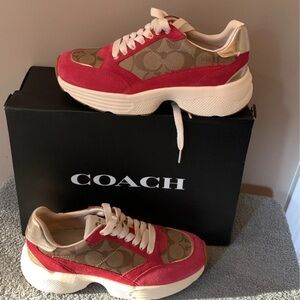 Coach Pink and Tan Signature Logo Platform Sneakers